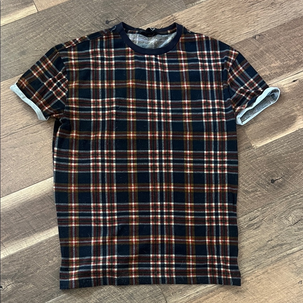 21men Plaid Short Sleeve Tee - Navy Blue, Red, and Orange